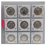 (9) 40% Silv JFK Half $1 Dollars