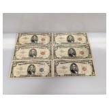 (6) Red & Blue Seal $5 US Notes