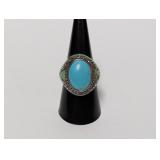 .925 Sterl Lg Oval Turq Centerpiece Ring Sz 8