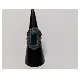 .925 Sterl Vintage Ornate Green Stone Ring Sz 6