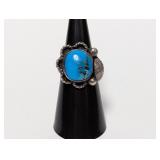 .925 Sterl Oval Turq Silv Leaf Bezel Ring Sz 6