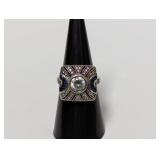 .925 Sterl Art Deco Style Blue/CZ Stone Ring Sz 7