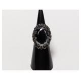 .925 Sterl Vtg Ornate Dark Oval Stone Ring Sz 5