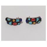 .925 Sterl Multi Stone Inlay Hoop Earrings