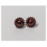 .925 Sterl Red Stud Earrings w/Red Gem Border