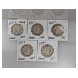 (5) Mixed Date 90% Silv Barber Half $1