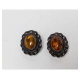 .925 Sterl Lg Amber Cabochon Clip On Earrings