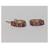 Vermeil/.925 Sterl Pink Stone&Diam Hoop Earrings
