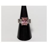 .925 Sterl Pink Rectangular Stone Ring Sz 6.5