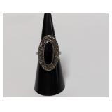.925 Sterl Oval Onyx/Marcasite Ring Sz 6.5