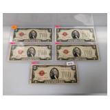(5) 1928 Red Seal $2 US Notes