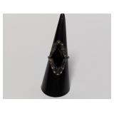 .925 Sterl Ornate Marquise Dark Stone Ring Sz 6.5