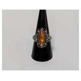 925 Sterl Elongated Amber Ornate Ring Sz 9.5