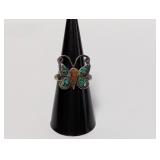 .925 Sterl Turquoise/Coral Butterfly Ring Sz 7.5