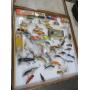 DISPLAY CASE W/ 50 LURES, BOMBERS, RAPALA, DOLL TO
