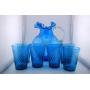 FENTON TURQUOISE BLUE COIN DOT PITCHER, 6 GLASSES