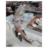 STEER HORN W/ SILVERPLATE ON WOOD STAND