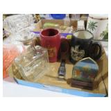 COLLECTION OF GERMAN MUGS, GLASS DECANTER & MISC