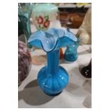 VINTAGE HAND-BLOWN BLUE ART GLASS PEDESTAL VASE