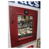 PAINTED RED WOOD FRAMED BEVELED WALL MIRROR