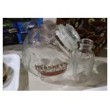 HERSHEYS CANDY JAR W/ LID & HERSHEYS GLASS BOTTLE