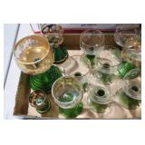VINTAGE DECORATED GREEN GLASS BASE GOLD TRIM GLASS