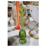 VINTAGE GREEN VIKING GLASS 6 PETAL SWUNG VASE