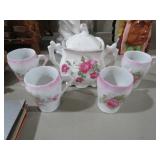 HANDPAINTED BAVARIA SUGAR DISH&(4) DEMITASSE CUPS