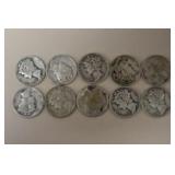 (10) MERCURY DIMES VARIOUS DATES & MM 90%