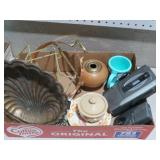 BOX BRASS ITEMS, CERAMIC , TAPE RECORDER & MISC
