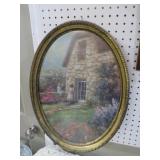 GOLD ORNATE OVAL FRAMED LADIES IN GARDEN PRINT
