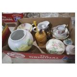 CHINA CUPS/SAUCERS, TRINKET BOX, CREAMER, MISC