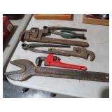 OLD PIPE WRENCHES/ NIPPERS & MISC