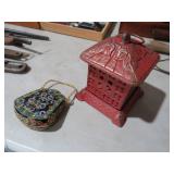 CAST IRON PAGODA & CLOISONNE PURSE