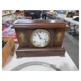 ANTIQUE INLAID MANTLE CLOCK W/ KEY & PENDULUM