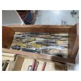 WOOD TOTE W/ WRENCHES,PLIERS & SCREWDRIVERS