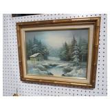 FRAMED ARTIST SIGNED OIL ON CANVAS WINTER CABIN SC