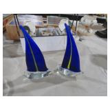 PAIR ART GLASS COBALT SAILBOATS