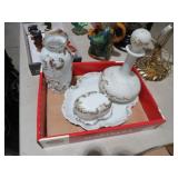 VINTAGE GLASS BARBER BOTTLE , VASE & DRESSER BOX