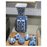 ORIENTAL VASE, POTTERY BALLS, & WOOD TRAY