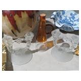 CANDLE HOLDERS & 2 COLORED CRUET
