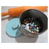 OLD METAL TIN W/ VTG MARBLES
