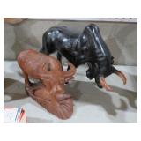 CARVED WOOD & LEATHER BULLS