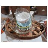 COLL. WICKER SERVING TRAY W/GLASS & MISC CHINA