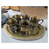 INDIA BRASS TRAY WITH 5 BRASS & COPPER CUPS