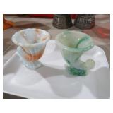 PAIR SLAG GLASS CORNUCOPIA TOOTHPICK HOLDERS
