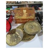 HANDPAINTED BREAD BOX W/ (3)BRASS LIKE SERVING TRA
