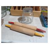 STORAGE GLASS JAR & 2 VINTAGE ROLLING PINS
