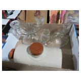 (2) GLASS CANDELABRAS & CERAMIC BOTTLE WARMER