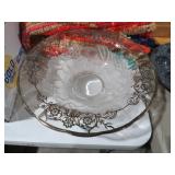 SILVER OVERLAY FROSTED FRUIT GLASS SERVING BOWL